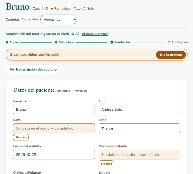 La pantalla de revisión de VETTRA con el borrador de Bruno: arriba, «2 campos piden confirmación», y la raza y el médico solicitante marcados en ámbar porque ni el formulario ni el dictado los dan.